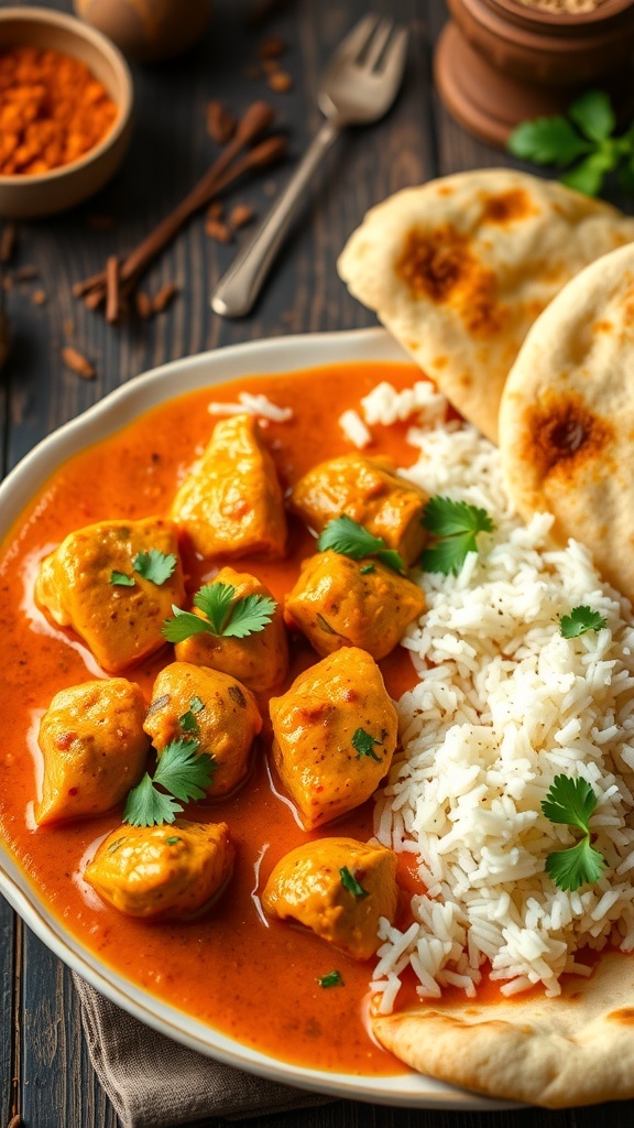 Classic Butter Chicken Recipe A plate of butter chicken with rice and naan, garnished with cilantro on a rustic table.
